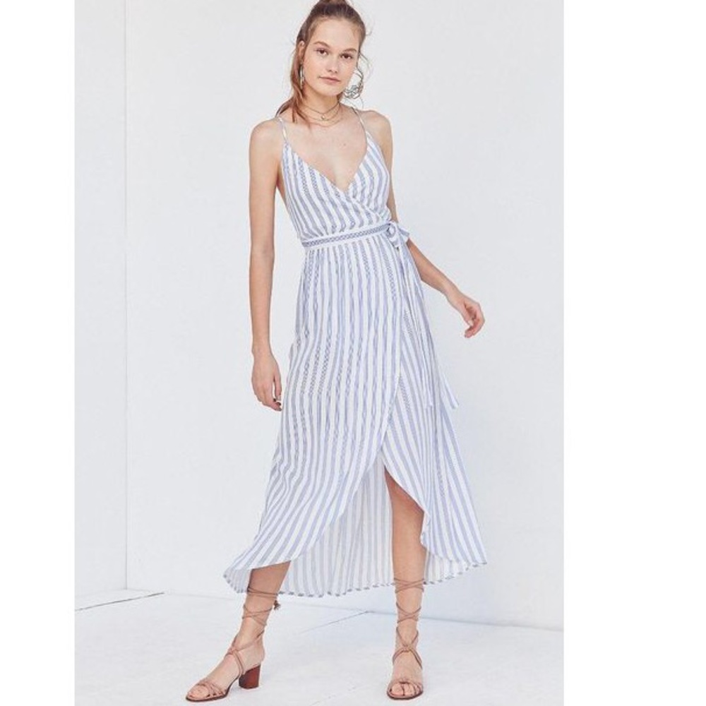 White and Blue Striped Surplice Maxi Dress